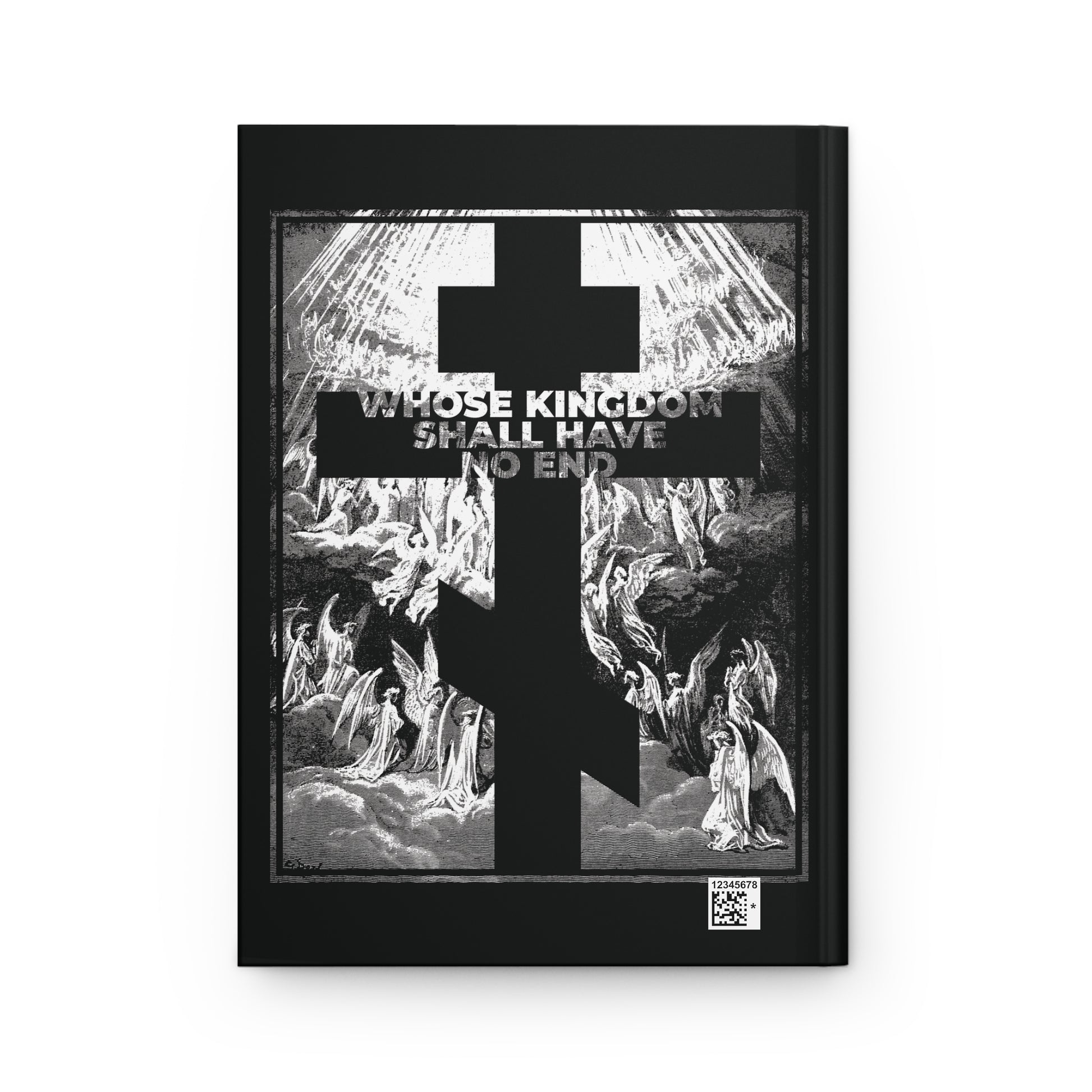 A black Orthodox cross overlays angels and rays of light; "Whose Kingdom Shall Have No End"—from the Nicene Creed—appears above on this Gustave Dore-inspired Orthodox blank journal referencing faith, apocalypse, and revelation.