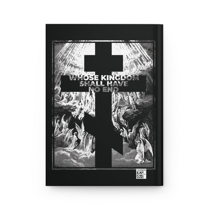 A black Orthodox cross overlays angels and rays of light; "Whose Kingdom Shall Have No End"—from the Nicene Creed—appears above on this Gustave Dore-inspired Orthodox blank journal referencing faith, apocalypse, and revelation.