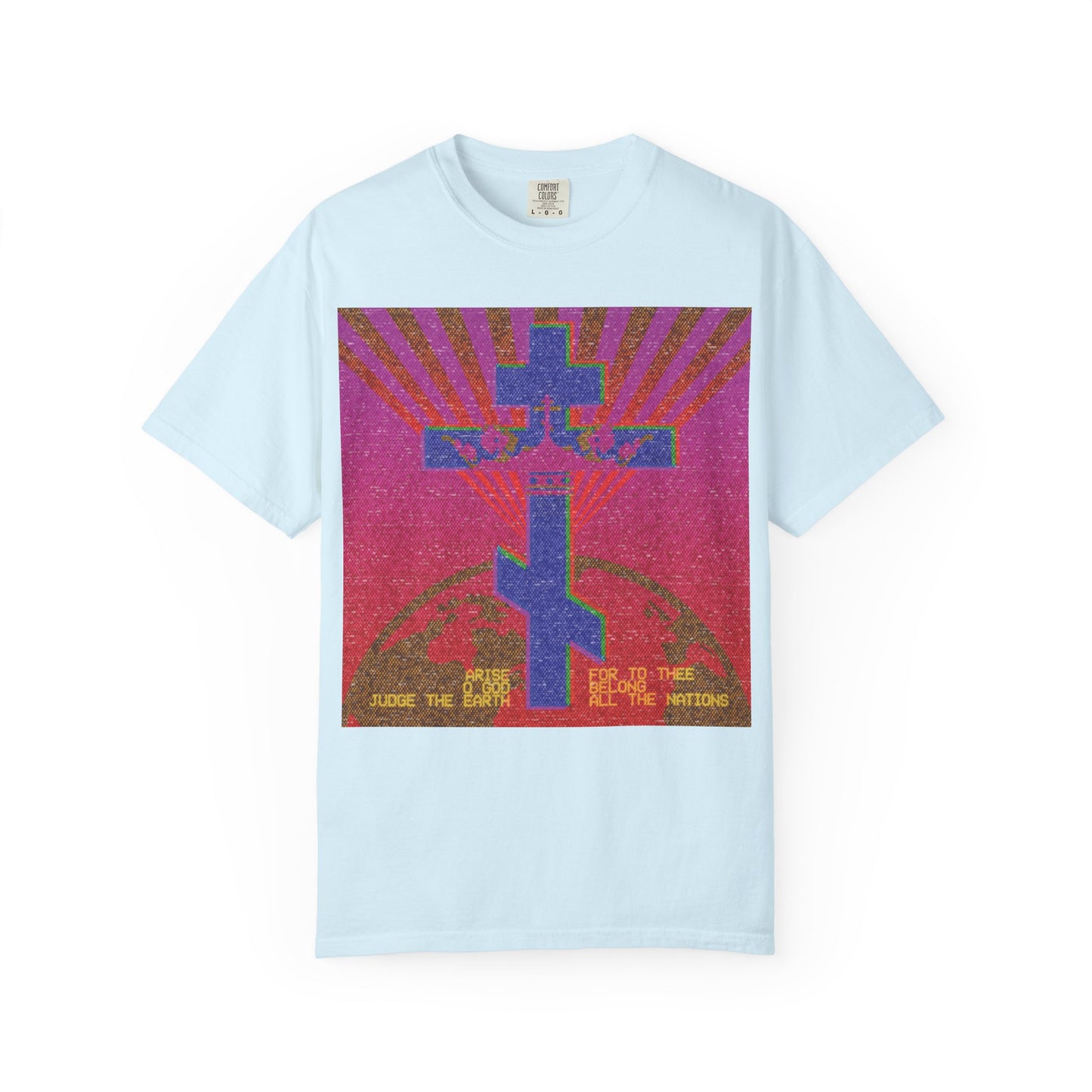 Chambray T-shirt featuring an 80s retro VCR/computer monitor pixel design of a colorful mosaic cross radiating vibrant rays, along with “judge the earth” in yellow text at the bottom—an eye-catching nod to Psalm 81 and the divine council from Orthodox Christian tradition.