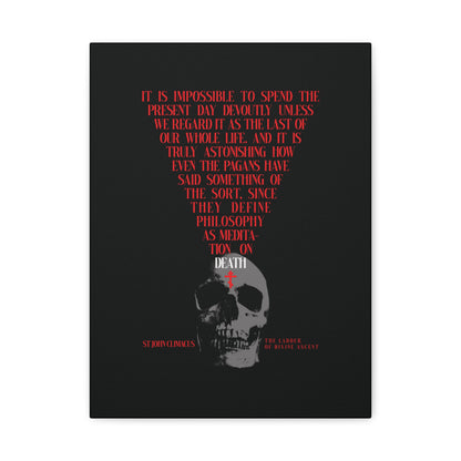 A black canvas titled "The Present Day As the Last Day of Our Life" features a white skull with a red Orthodox cross, inspired by St John Climacus—a memento mori Orthodox wall art reflecting on life and mortality.