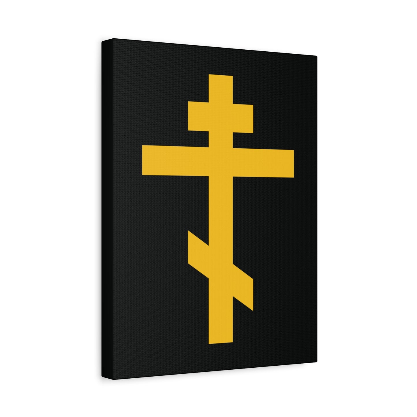 The "Yellow Orthodox Cross Black Background" canvas art features a yellow Eastern Orthodox cross on black, symbolizing the Precious and Life-Giving Weapon of Unseen Warfare—Scourge of Demons.