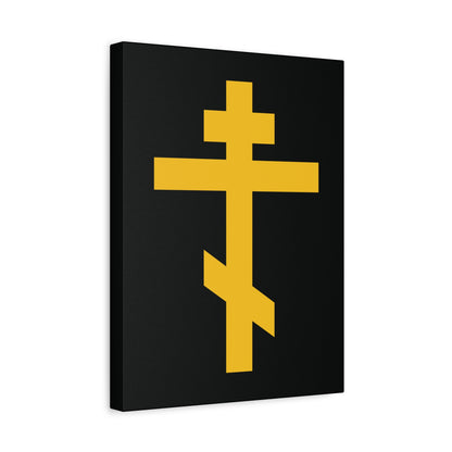 The "Yellow Orthodox Cross Black Background" canvas art features a yellow Eastern Orthodox cross on black, symbolizing the Precious and Life-Giving Weapon of Unseen Warfare—Scourge of Demons.
