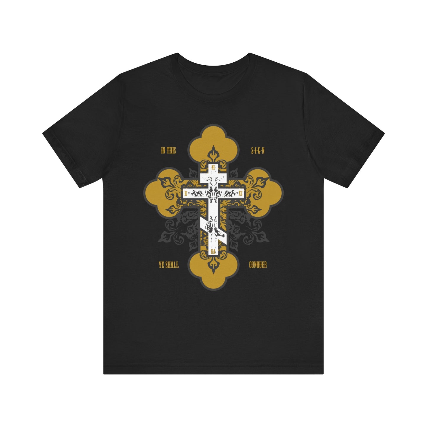 Black unisex tee featuring a gold and white ornate Orthodox cross with “In This Sign Ye Shall Conquer” in bold text—a lightweight cotton shirt inspired by faith and spiritual strength.