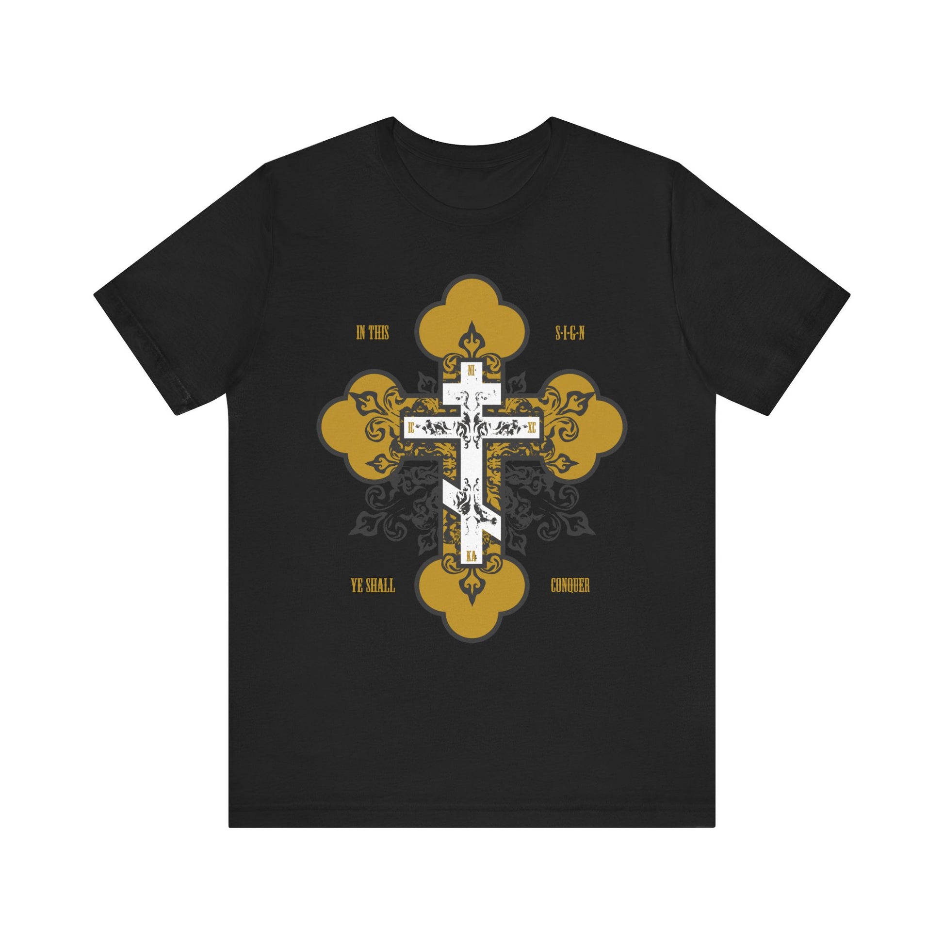 Black unisex tee featuring a gold and white ornate Orthodox cross with “In This Sign Ye Shall Conquer” in bold text—a lightweight cotton shirt inspired by faith and spiritual strength.