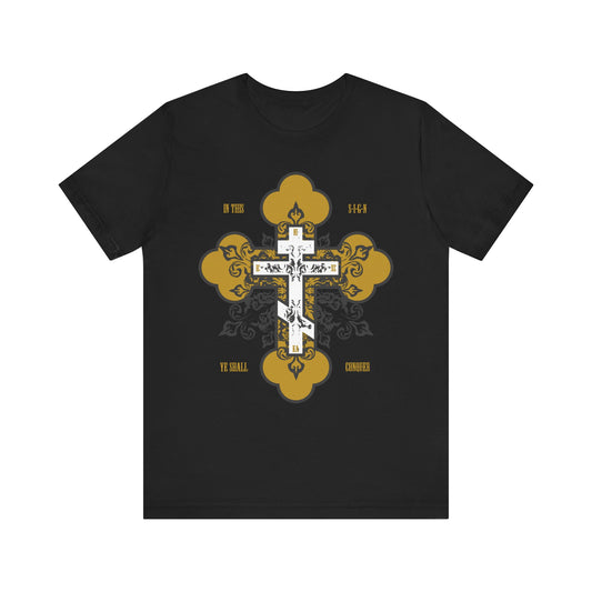 Black unisex tee featuring a gold and white ornate Orthodox cross with “In This Sign Ye Shall Conquer” in bold text—a lightweight cotton shirt inspired by faith and spiritual strength.