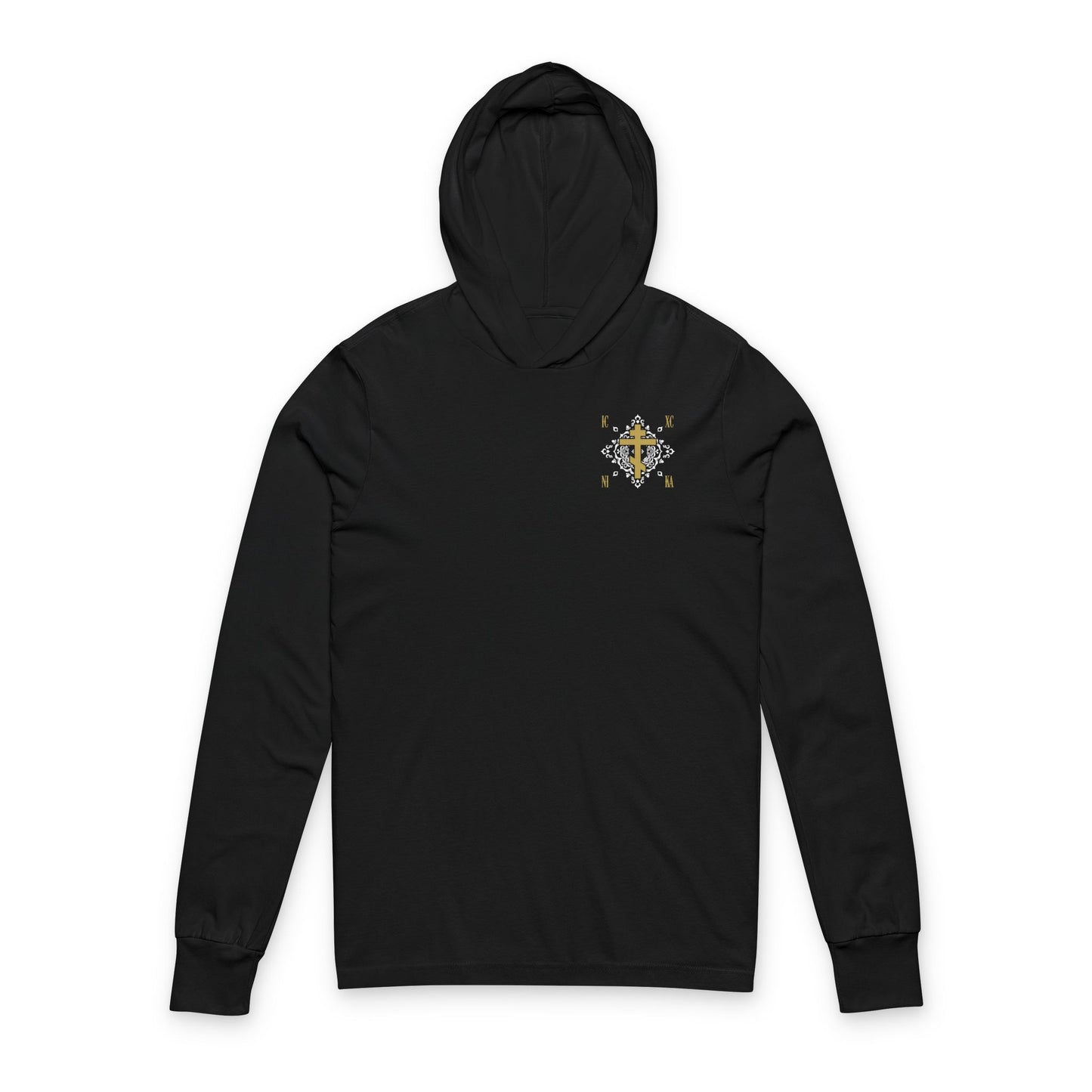 Gold Orthodox Cross ICXC NIKA  (Small Design) | White Medieval Ornate Floral Pattern | Jesus Christ Conquers | Christian Hooded Shirt