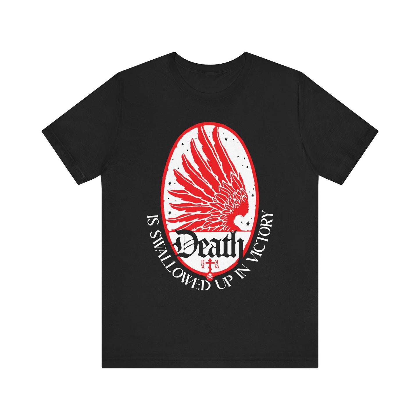 Black unisex tee featuring Art Nouveau eagle wing and stars with the text “Death is Swallowed Up In Victory” (1 Cor 15:54)—an Orthodox Christian design in lightweight cotton.