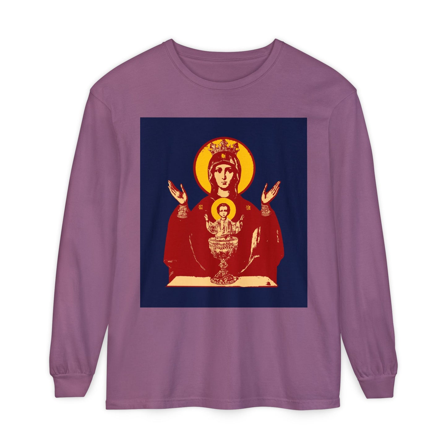 Berry long-sleeve "Holy Theotokos IconoGraphic of the Inexhaustible Chalice" shirt with stylized icon of Mary and Christ Child, inspired by the Deliverer from Addictions and Conquer Passions Orthodox Christian tradition.