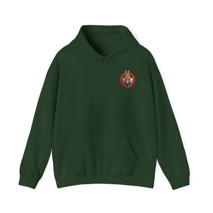 Forest green "Holy Holy Holy Seraphim Angel Icono-Graphic" hoodie with a small, colorful deer-in-red-circle graphic on the chest, inspired by Orthodox Christian themes, angels, and the Heavenly Hosts of God.
