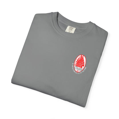 Gray Death is Swallowed Up In Victory (1 Cor 15:54) Art Nouveau Eagle Wing & Stars T-shirt with red wing oval design.