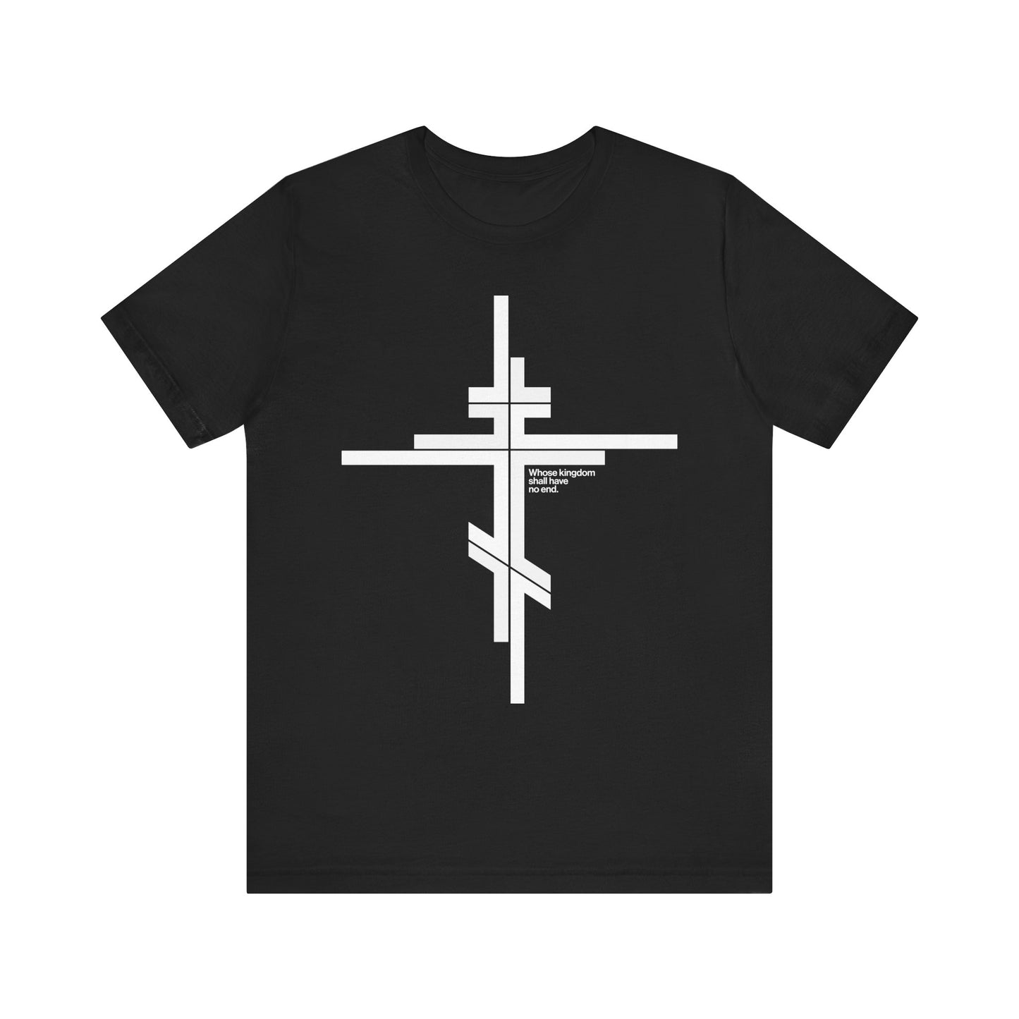 Black unisex t-shirt, crafted from lightweight cotton, featuring a modernist minimalist white Orthodox cross design inspired by "Whose Kingdom Shall Have No End" (Luke 1:32-33), with discreet text that reads Three Kingdoms Mineral Co., Ltd.
