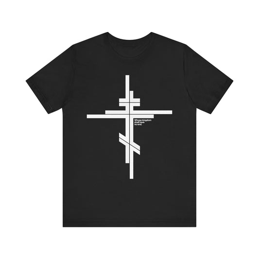 Black unisex t-shirt, crafted from lightweight cotton, featuring a modernist minimalist white Orthodox cross design inspired by "Whose Kingdom Shall Have No End" (Luke 1:32-33), with discreet text that reads Three Kingdoms Mineral Co., Ltd.