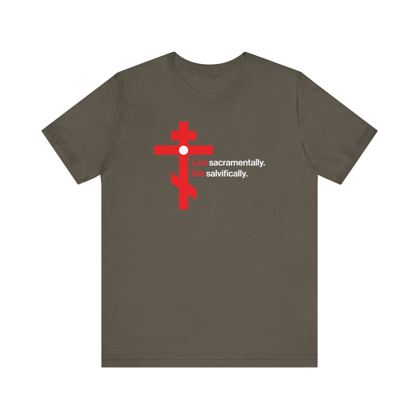Live Sacramentally, Die Salvifically | Remember You Will Die | Memento Mori | Red Orthodox Cross White Circle | Lightweight Cotton Unisex Tee