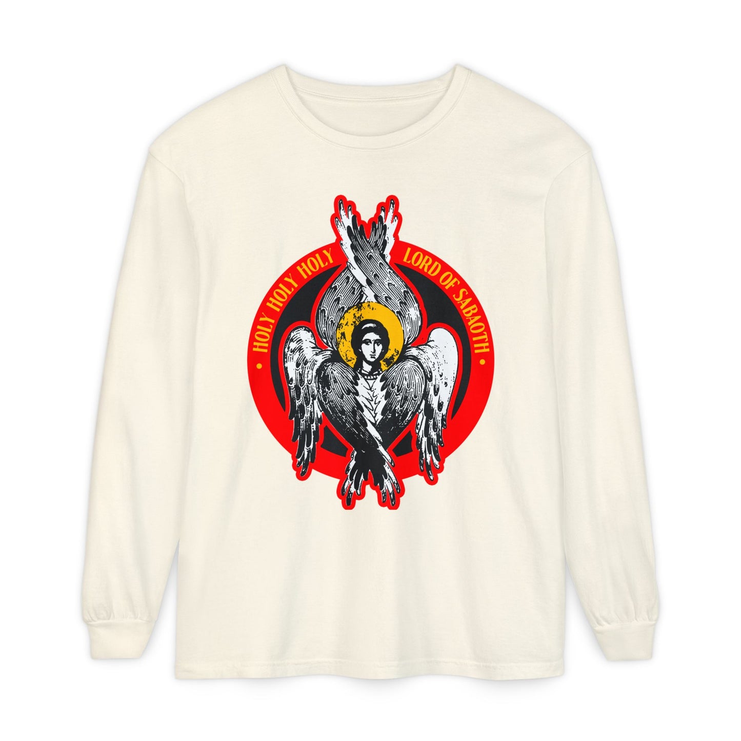 Ivory long-sleeve shirt featuring an Orthodox Seraphim angel and red "Holy Holy Holy, Lord of Sabaoth" text, inspired by Isaiah 6. Unseen Realm | Orthodox Christian IconoGraphic.