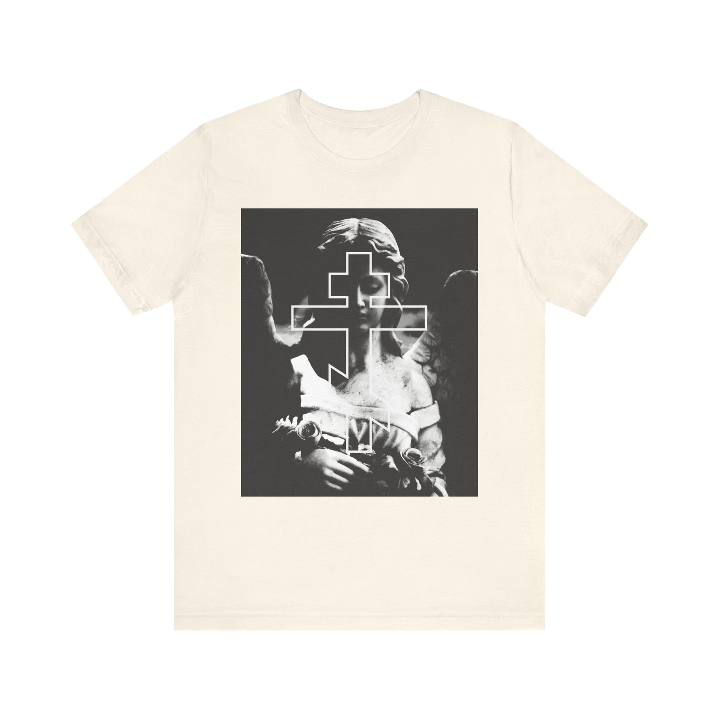 Natural unisex tee featuring a grayscale goth Cemetery Angel with Orthodox cross, Memento Mori "Remember You Will Die" design. Lightweight cotton with bold symbolic graphic on the front.