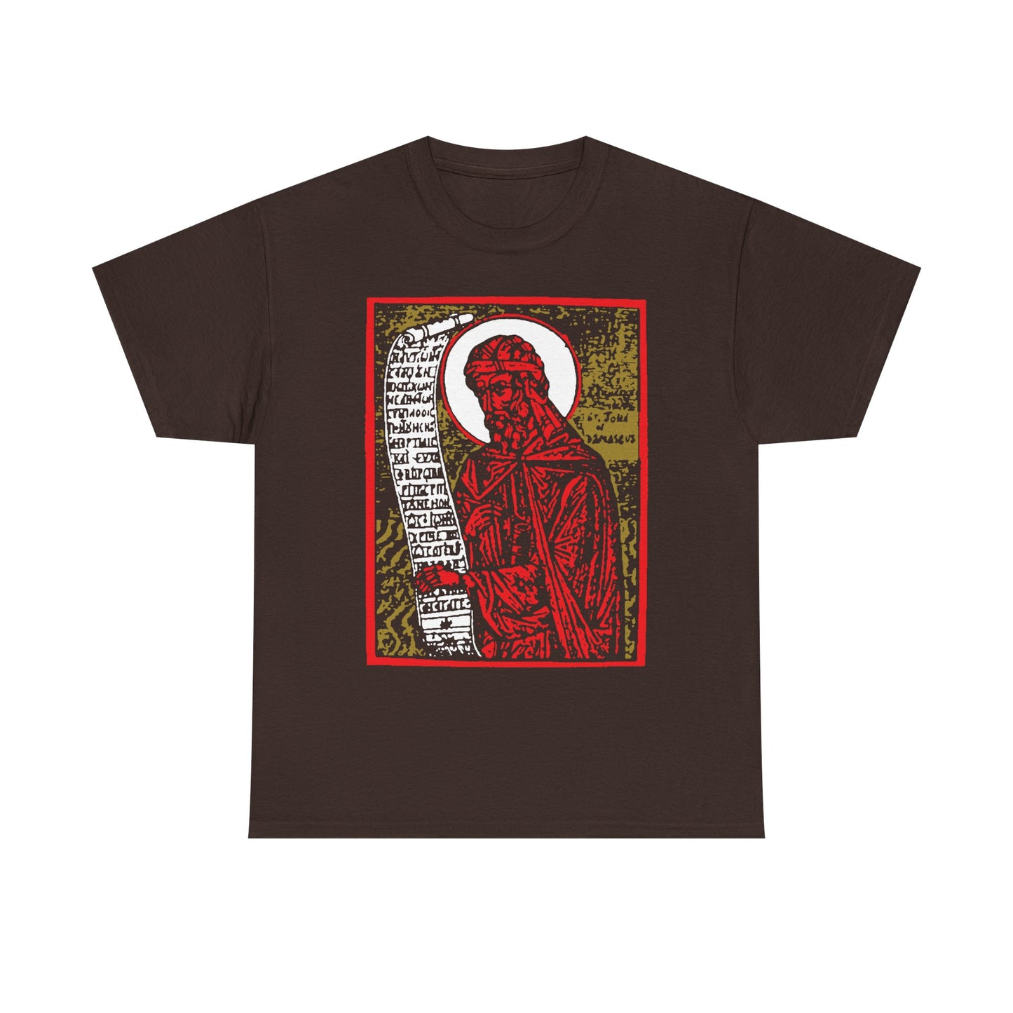 Dark Chocolate unisex tee featuring a high-contrast red and gold icon of St. John of Damascus with script background, inspired by Orthodox Christian hymns. Midweight cotton, Icono-Graphic design.