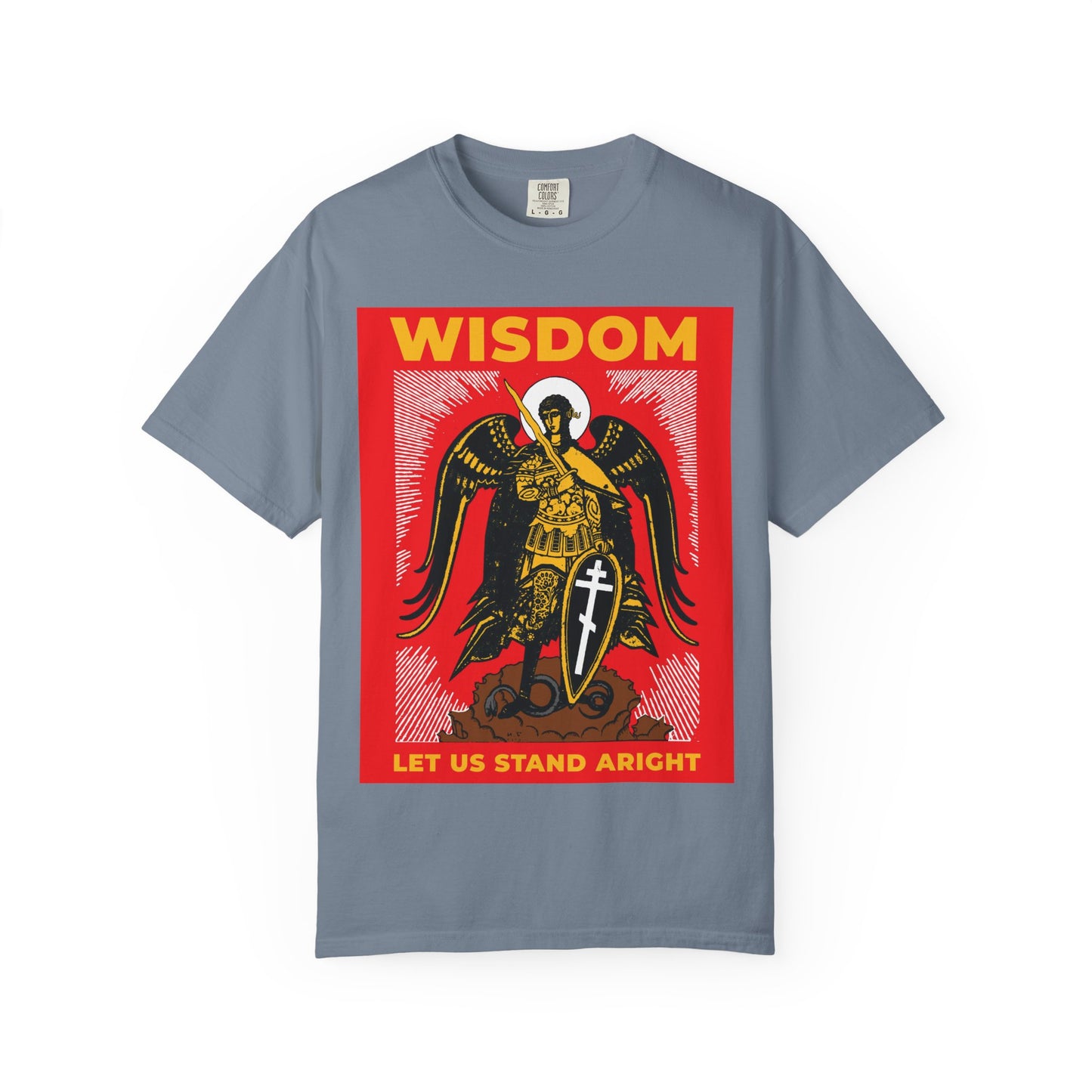 Blue Jean heavyweight cotton tee featuring Russian illustration of Archangel Michael with sword and shield. Text: WISDOM and LET US STAND ARIGHT, inspired by Revelation 12’s war in heaven. Unisex Orthodox design.