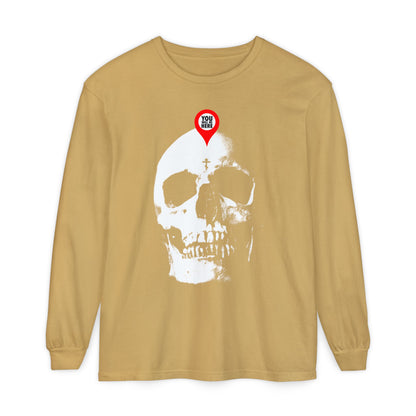 Mustard long-sleeve shirt featuring a maps marker on a skull design with "You Will Be Here"—a Memento Mori message inspired by Orthodox tradition: "What you are, I once was. Remember you will die.