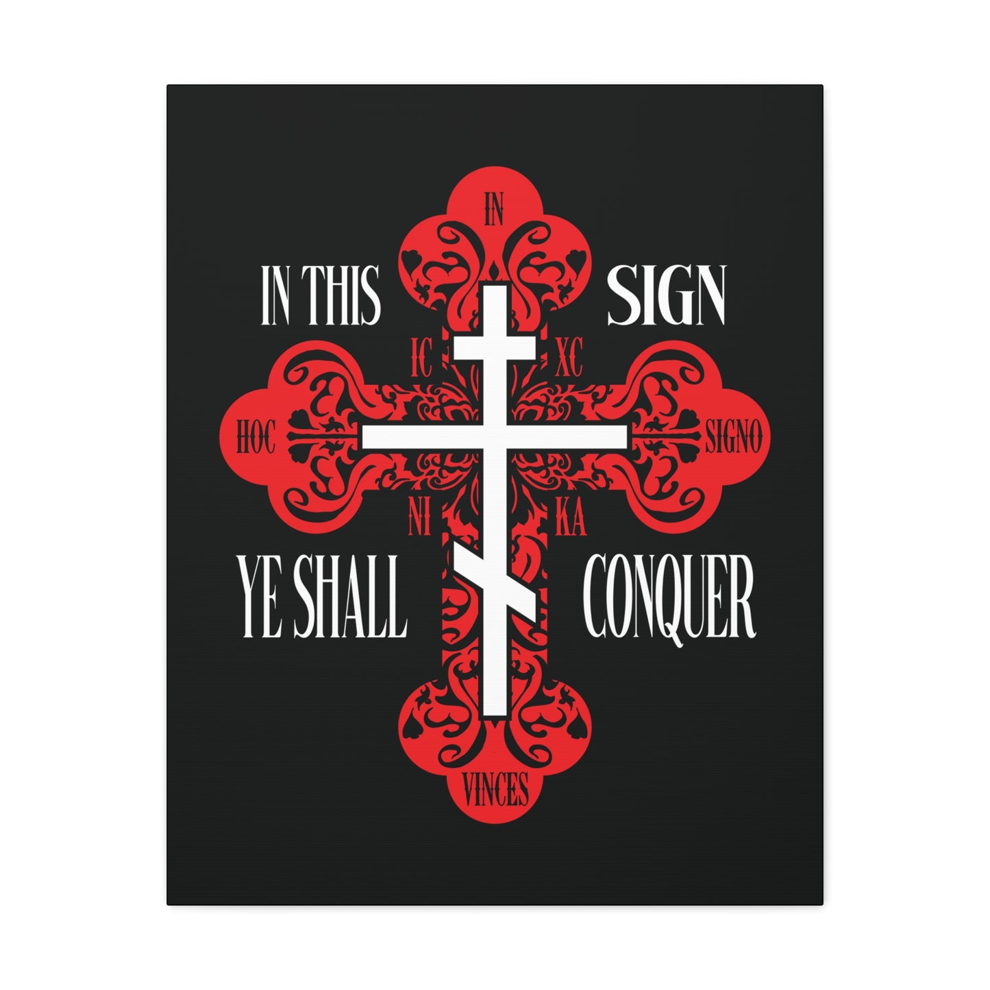 A red ornate Orthodox cross wall art featuring “In This Sign Ye Shall Conquer” (ICXC NIKA), symbolizing Jesus Christ’s victory; perfect Christian decor.