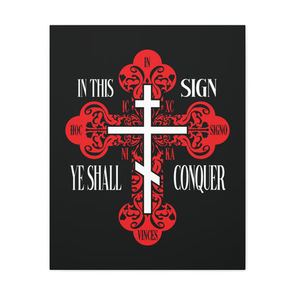 A red ornate Orthodox cross wall art featuring “In This Sign Ye Shall Conquer” (ICXC NIKA), symbolizing Jesus Christ’s victory; perfect Christian decor.