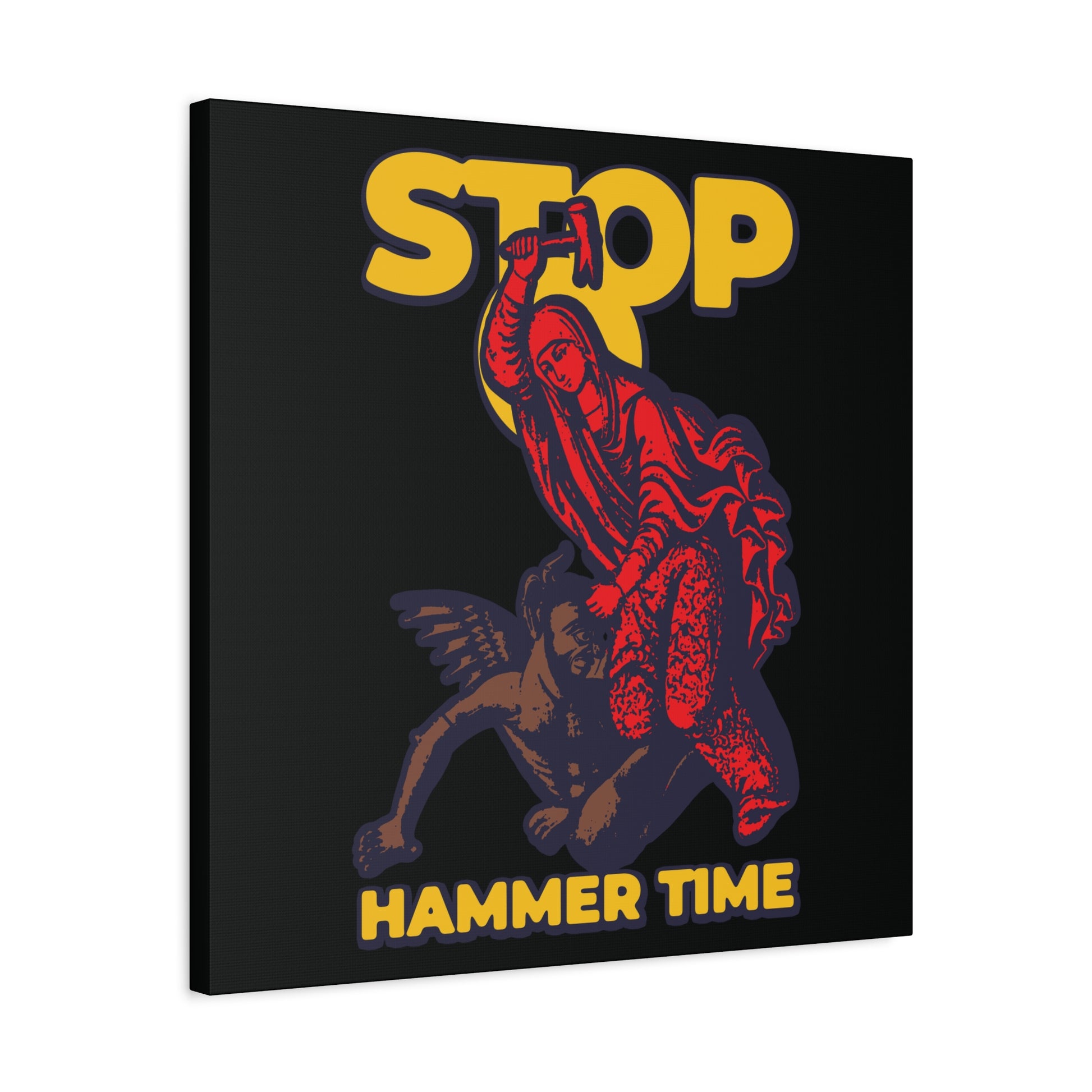 Modern Orthodox meme wall art featuring St Marina of Antioch beating the devil with a hammer, in red, blue, and yellow. Bold text: "Stop, Hammer Time." Christian decor inspired by Byzantine iconography.