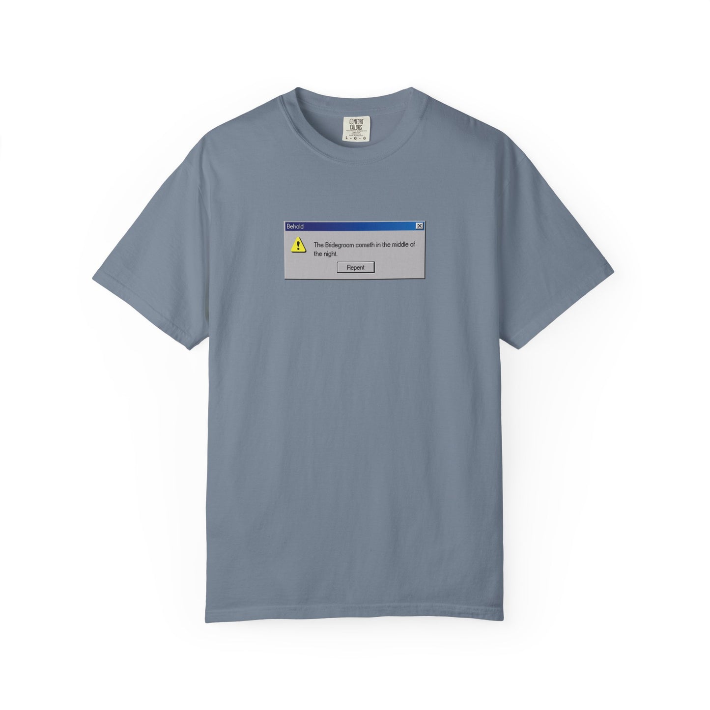 Blue Jean heavyweight cotton unisex t-shirt featuring a retro Windows error message graphic, subtly inspired by Orthodox Bridegroom Matins iconography; “Repent Now” design.