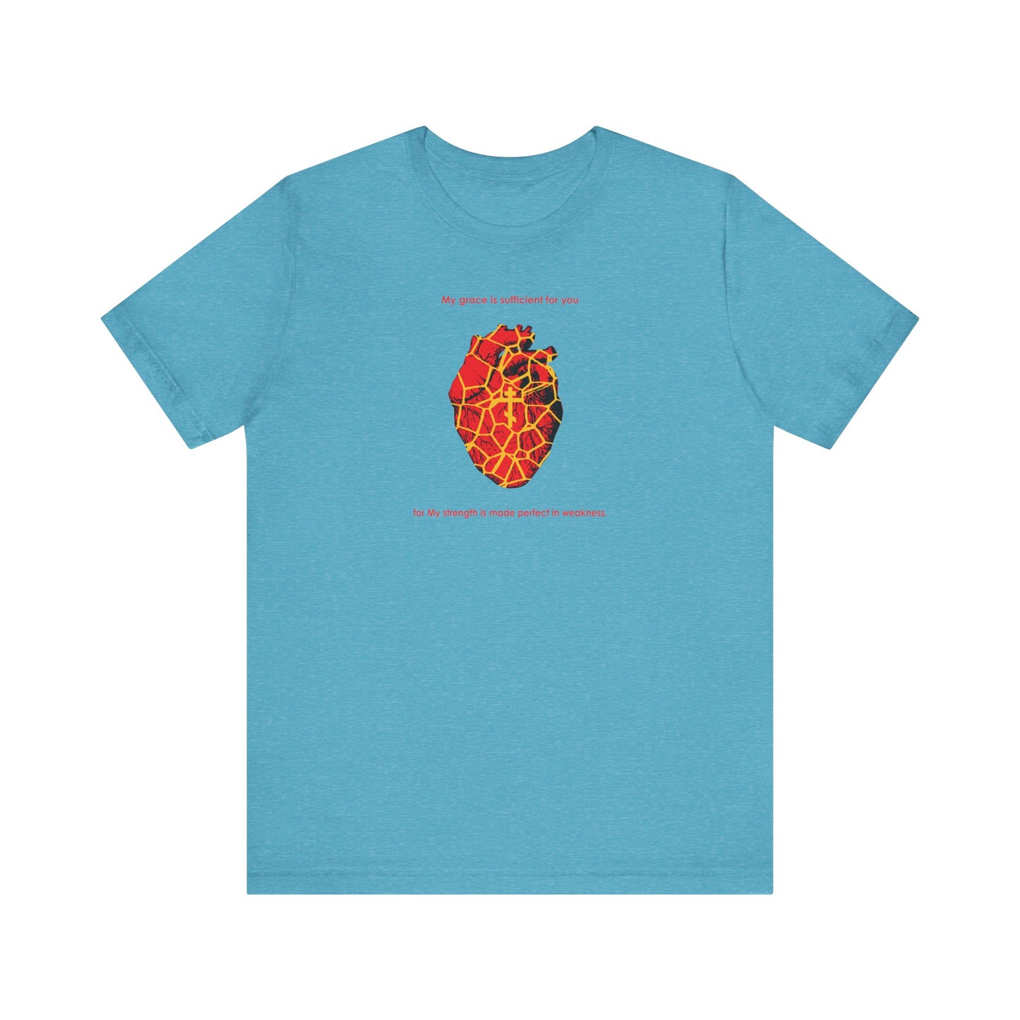 Heather aqua unisex tee featuring a kintsugi-style golden broken heart with an Orthodox cross, inspired by 2 Cor 12:9, and the phrase "My Strength is Made Perfect in Weakness." Lightweight cotton.