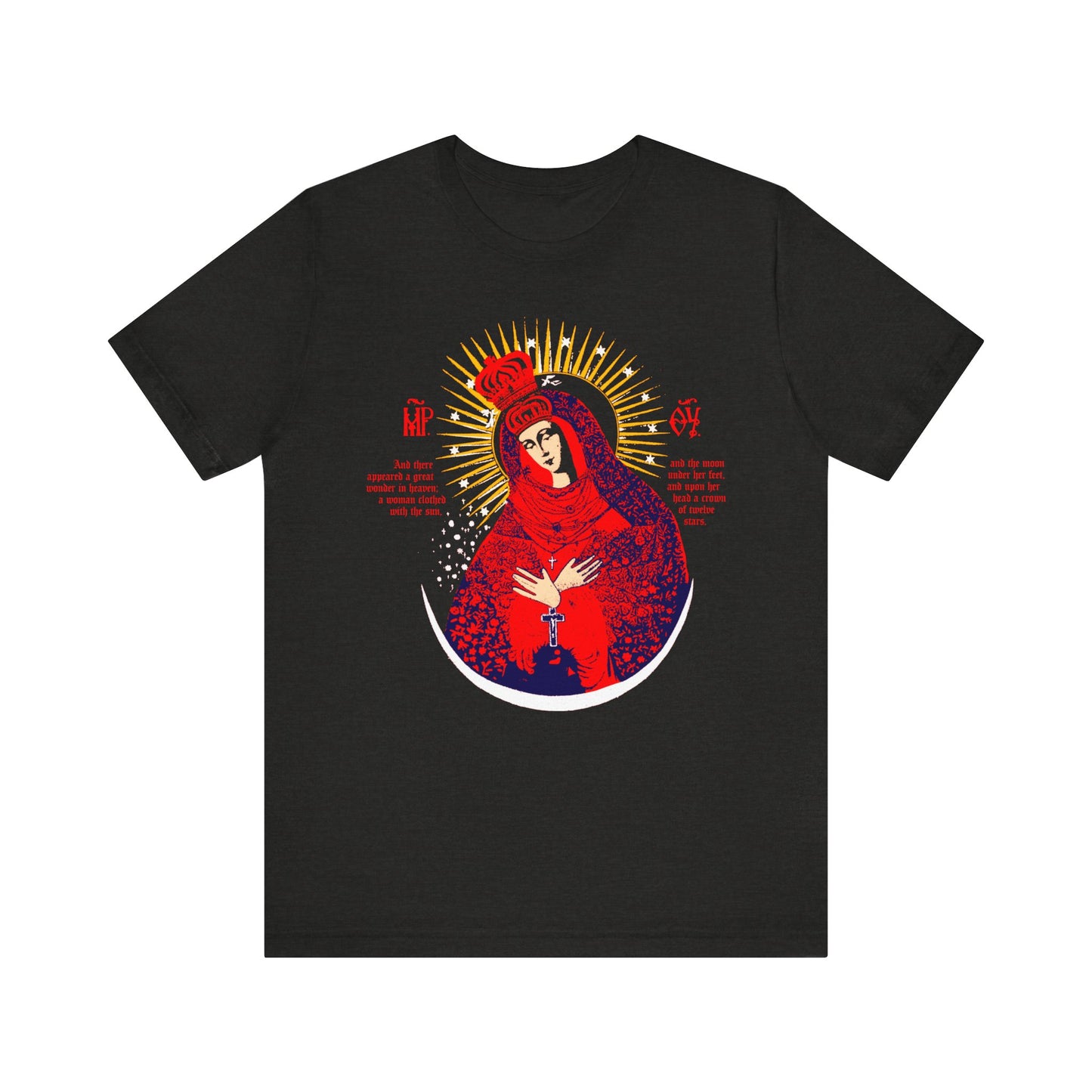 Black Heather unisex t-shirt featuring a vivid Our Lady the Gate of Dawn Icono-Graphic: Theotokos Crowned, Woman of the Apocalypse, with gold halo and red, blue, and white accents on lightweight cotton.