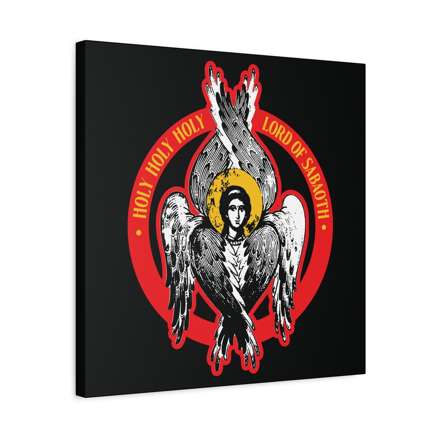 Inspired by Isaiah 6, this Orthodox Seraphim Angel iconographic wall art features a six-winged seraphim, halo, and “HOLY HOLY HOLY LORD OF HOSTS” in a red circle on black. Holy Holy Holy, Lord of Sabaoth | Christian Wall Art.