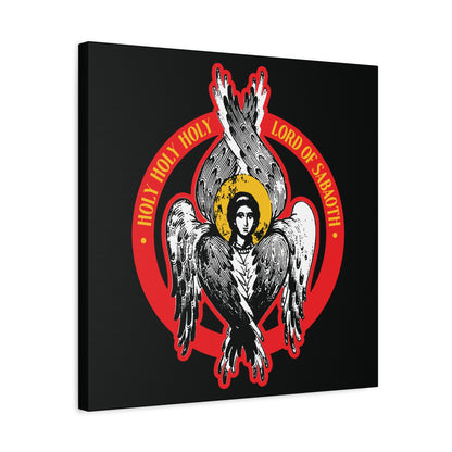Inspired by Isaiah 6, this Orthodox Seraphim Angel iconographic wall art features a six-winged seraphim, halo, and “HOLY HOLY HOLY LORD OF HOSTS” in a red circle on black. Holy Holy Holy, Lord of Sabaoth | Christian Wall Art.