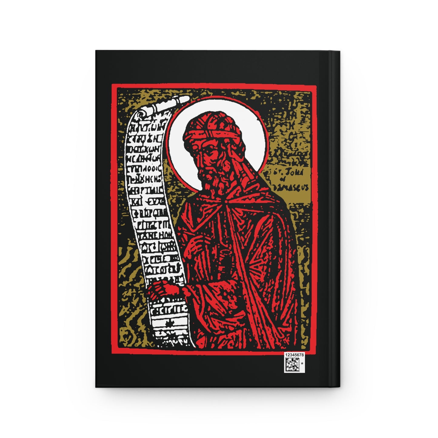 St. John of Damascus Icono-Graphic Hardcover Journal: features Orthodox icon-style art of the saint with a Cyrillic scroll, set on a striking red, gold, and black high-contrast background.