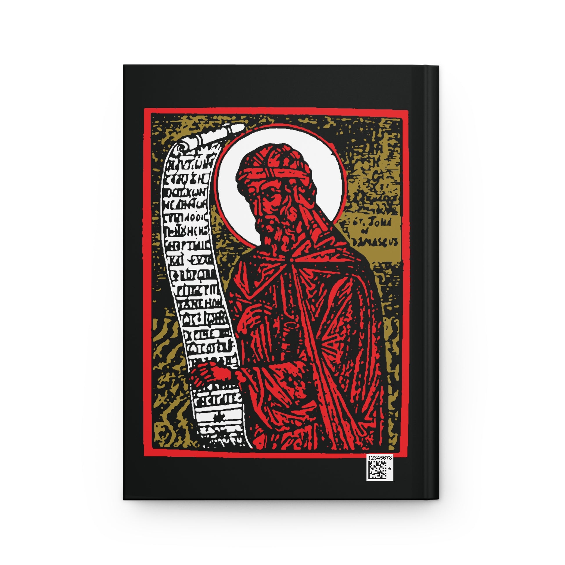 St. John of Damascus Icono-Graphic Hardcover Journal: features Orthodox icon-style art of the saint with a Cyrillic scroll, set on a striking red, gold, and black high-contrast background.
