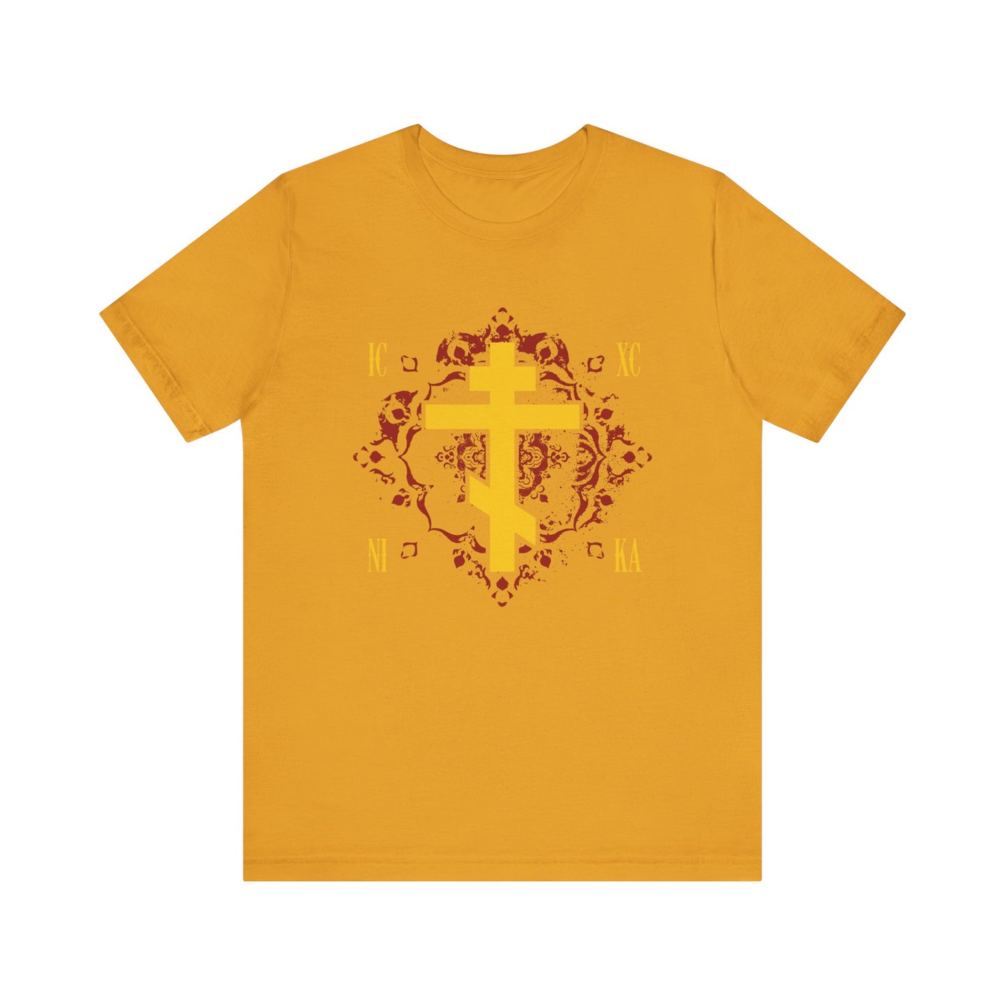 Sure! Here’s a rewritten sentence using your product data: The mustard-colored "ICXC NIKA Yellow Orthodox Cross on Ornate Red Background Design" T-shirt features a striking red Orthodox Cross and the phrase "Jesus Christ Conquers," reflecting the teachings of St Kosmas Aitolos on sonship, all printed on lightweight Christian cotton for unisex wear.