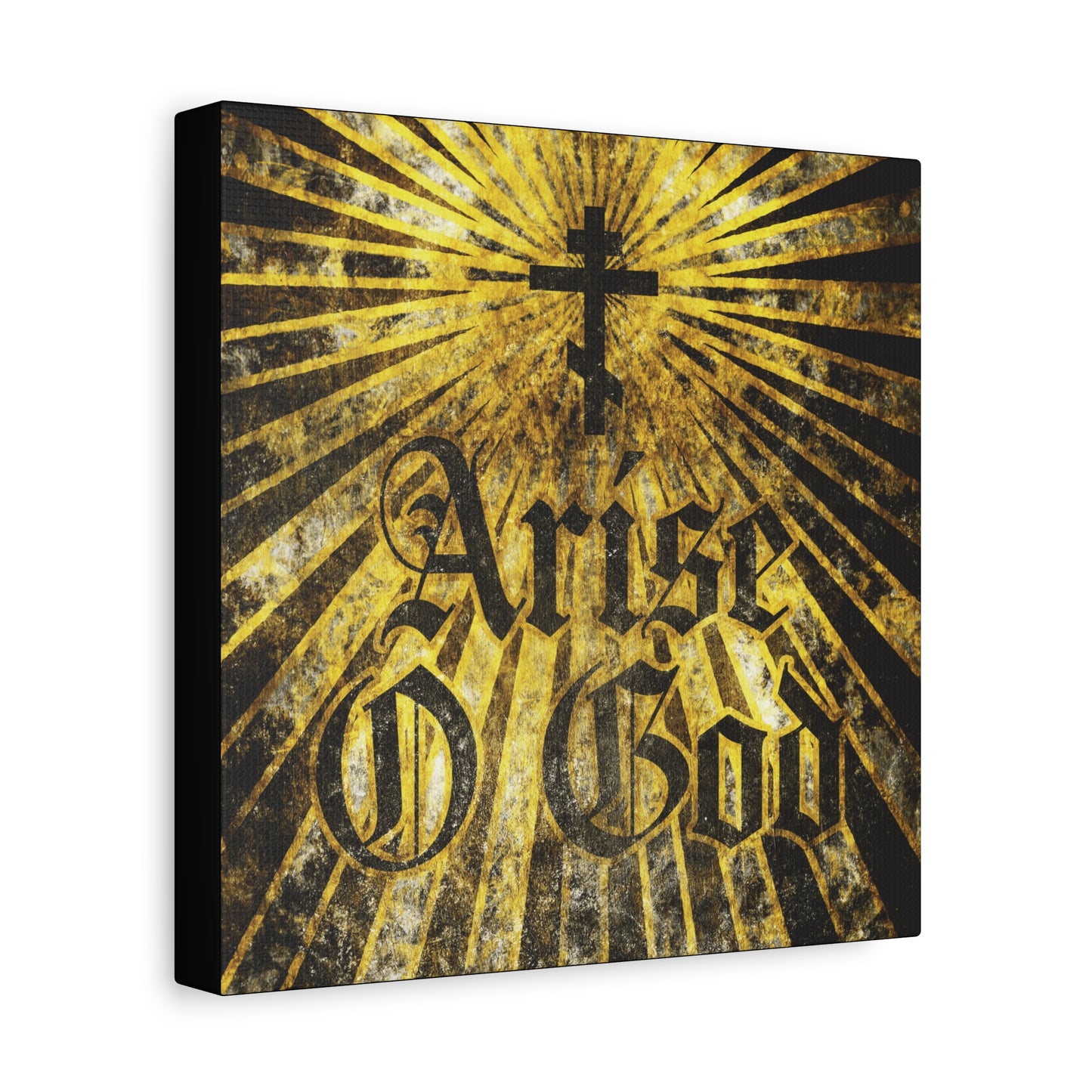 Canvas art titled "Arise O God | Psalm 81 (82 LXX)" featuring a textured Gothic font, Orthodox cross, and golden rays—Orthodox Christian wall art inspired by the Divine Council worldview.