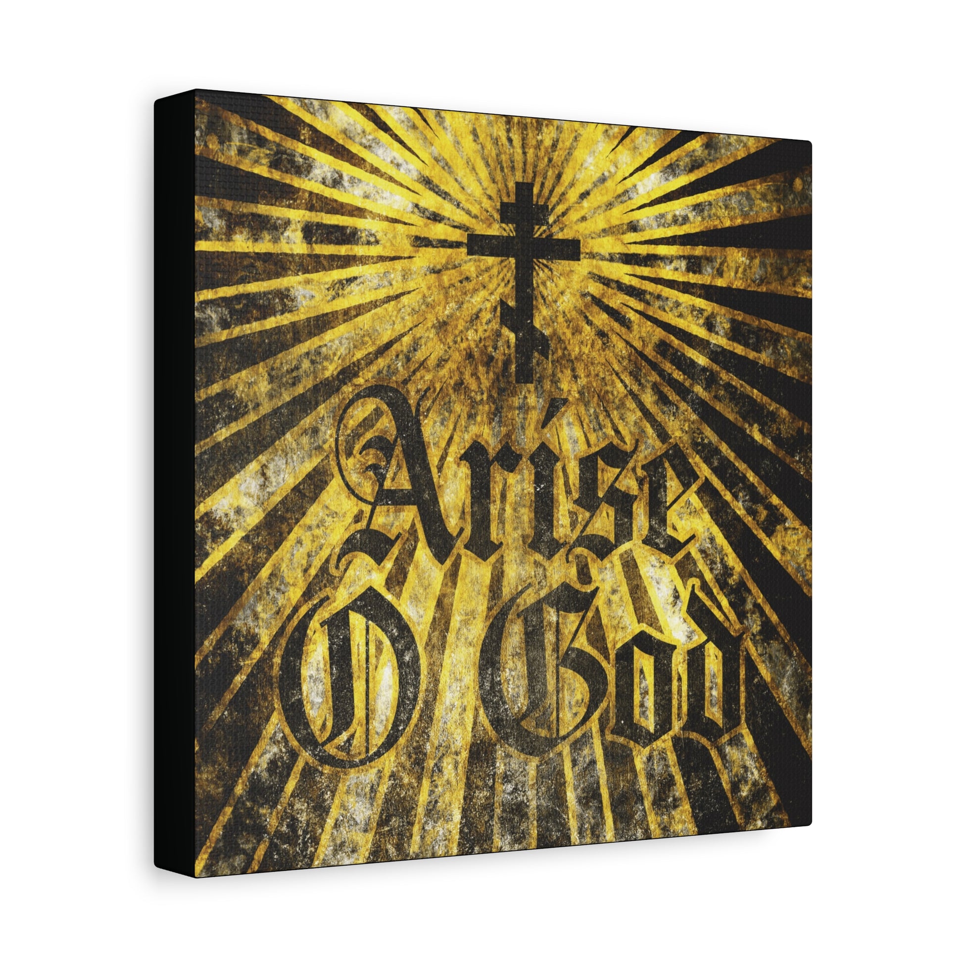 Canvas art titled "Arise O God | Psalm 81 (82 LXX)" featuring a textured Gothic font, Orthodox cross, and golden rays—Orthodox Christian wall art inspired by the Divine Council worldview.