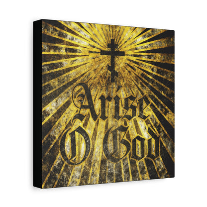 Canvas art titled "Arise O God | Psalm 81 (82 LXX)" featuring a textured Gothic font, Orthodox cross, and golden rays—Orthodox Christian wall art inspired by the Divine Council worldview.