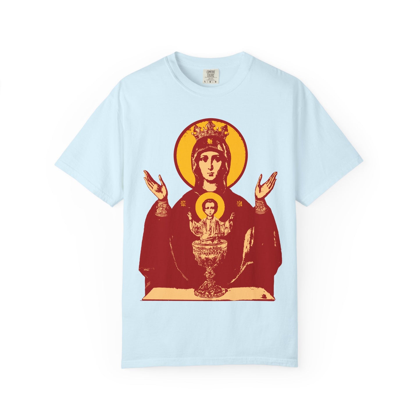 Chambray heavyweight cotton unisex t-shirt featuring a red and yellow iconographic design of the crowned Theotokos and Child, inspired by the Inexhaustible Chalice—revered as the Deliverer from Addictions and Conqueror of Passions.