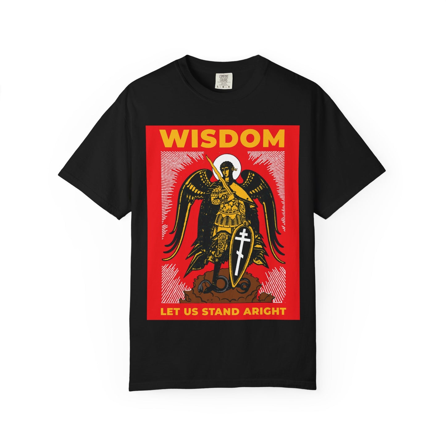 Black heavyweight cotton tee featuring Archangel Michael the Warrior with shield and sword, Russian illustration, and WISDOM & LET US STAND ARIGHT text; Orthodox unisex style.