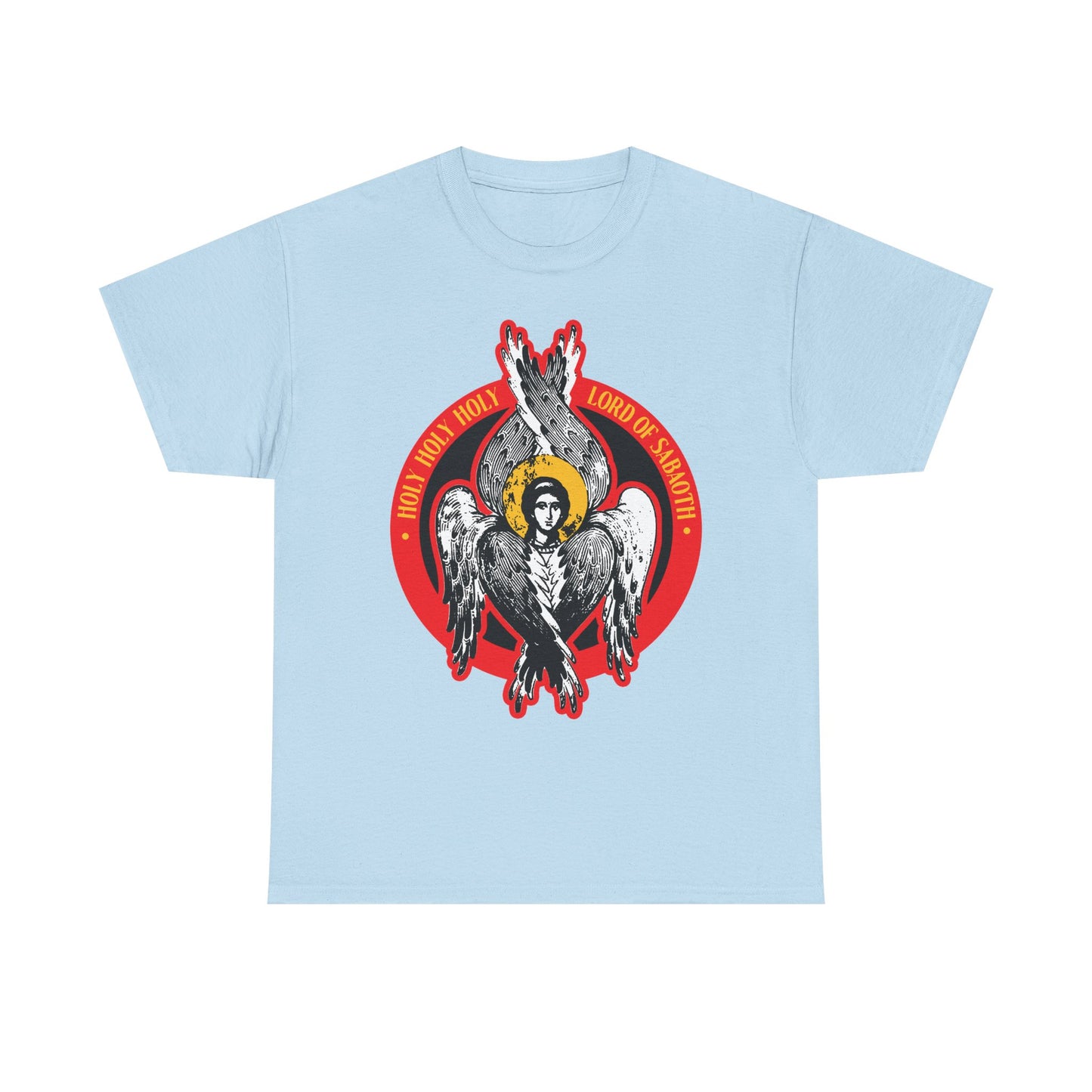 Light blue "Holy Holy Holy, Lord of Sabaoth" heavy cotton t-shirt featuring a seraphim angel from Isaiah 6 in a red circle. Christian iconographic design.