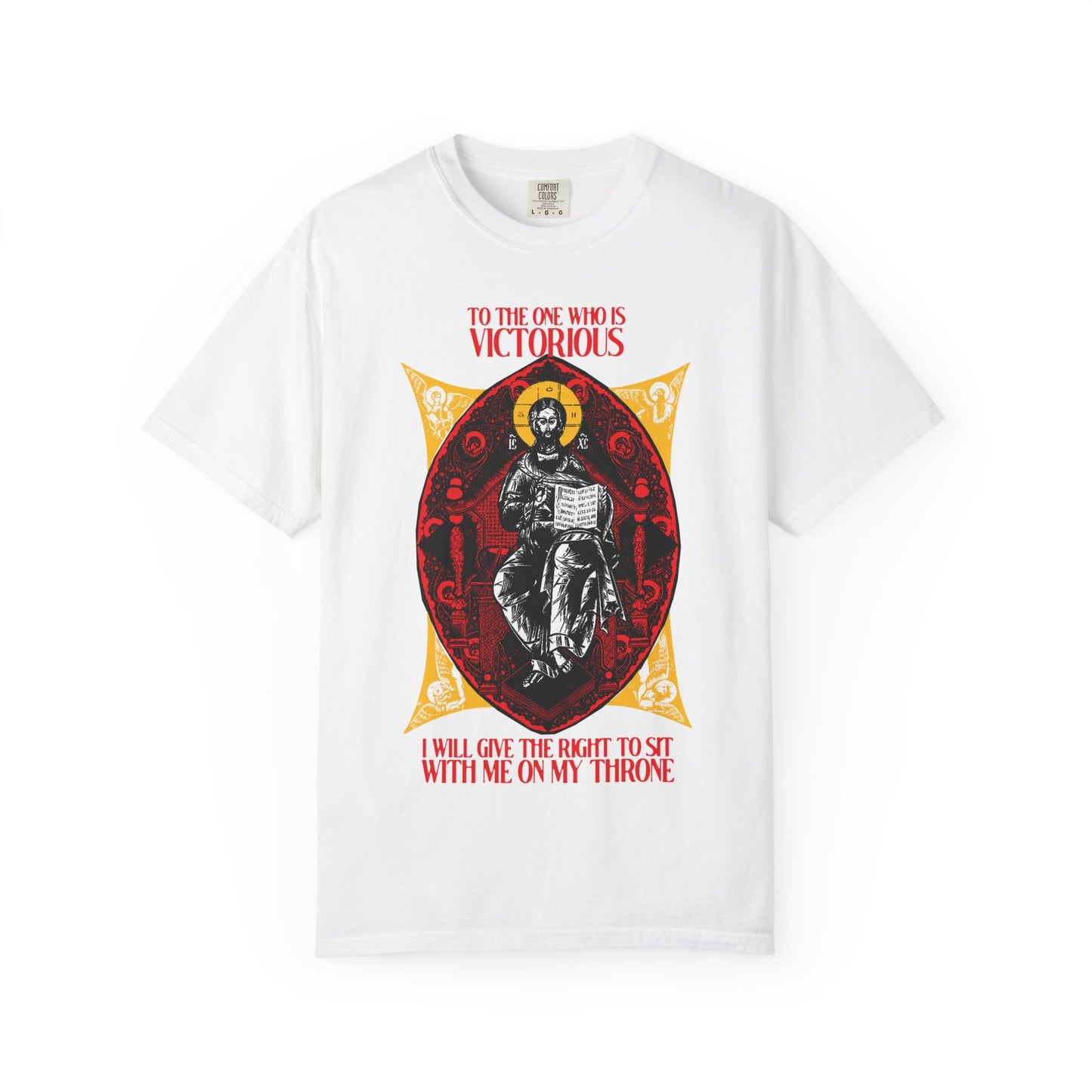 White "Christ is King, Enthroned In Glory IconoGraphic" unisex heavyweight cotton tee with red "To the One Who Is Victorious" text, inspired by Revelation 3:21. Orthodox Christian design. Color: White.