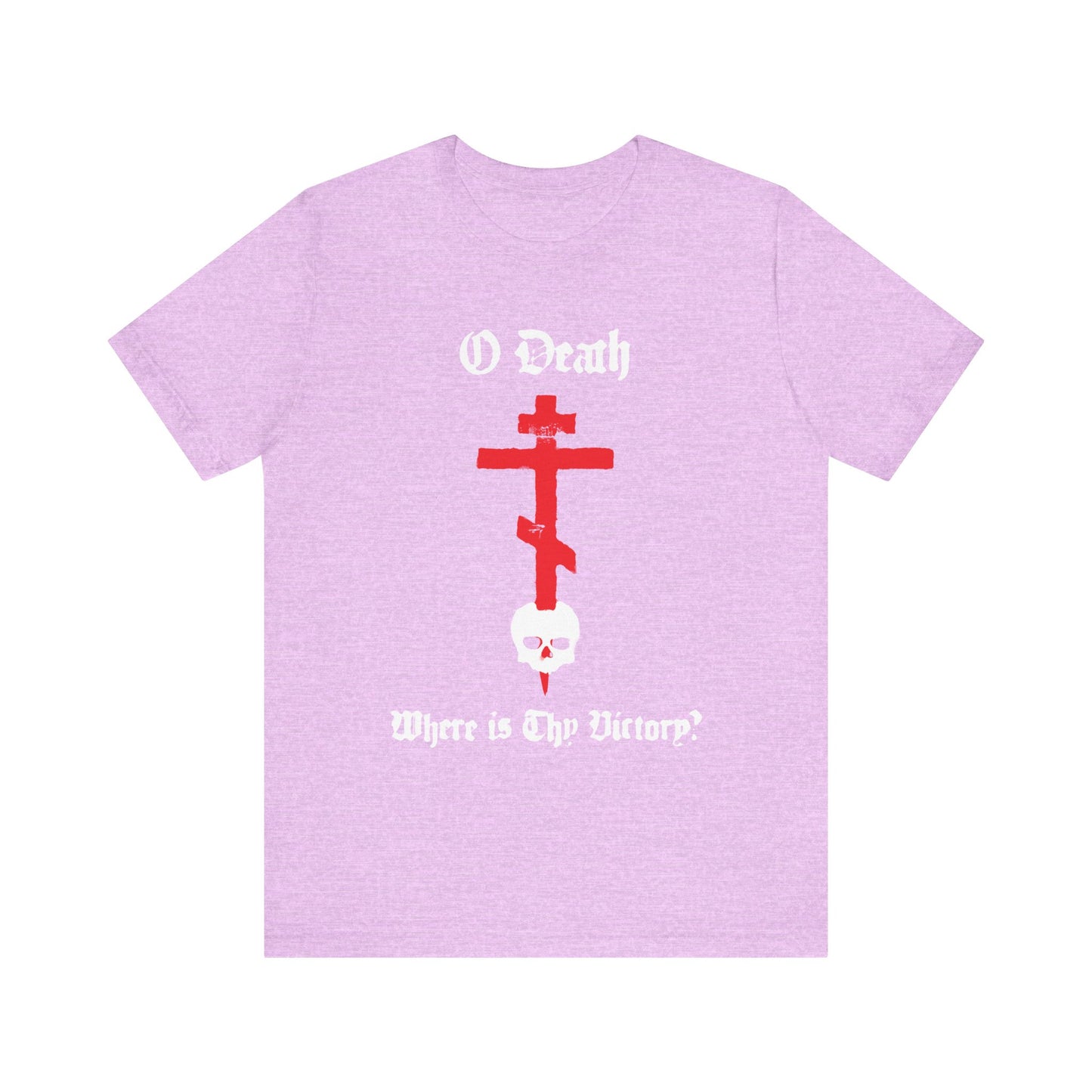 Heather Prism Lilac unisex tee featuring a red cross stabbing a skull and "O Death, Where is Thy Victory?" in white gothic font—a spraypaint-inspired design based on 1 Cor 15:55, celebrating victory over death.