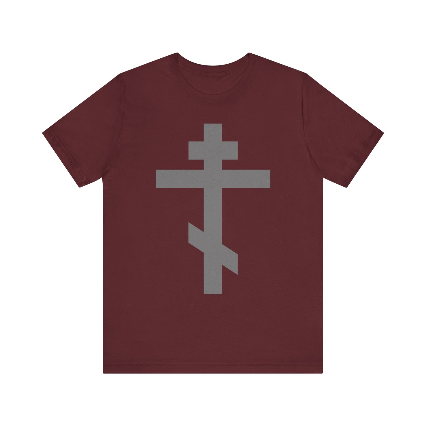 Maroon t-shirt featuring a large light gray Orthodox Tribar Cross with the inscription "Preserve Thy People By Thy Cross, O Lord | Christ is King," inspired by St. John of Kronstadt and reflecting the Saviour’s sufferings; made from lightweight cotton in a unisex fit.