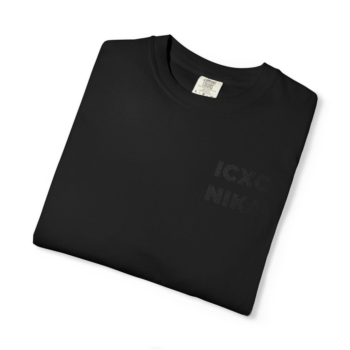 Black On Black Embroidered ICXC NIKA Minimalist Text black t-shirt with embroidered chest text.