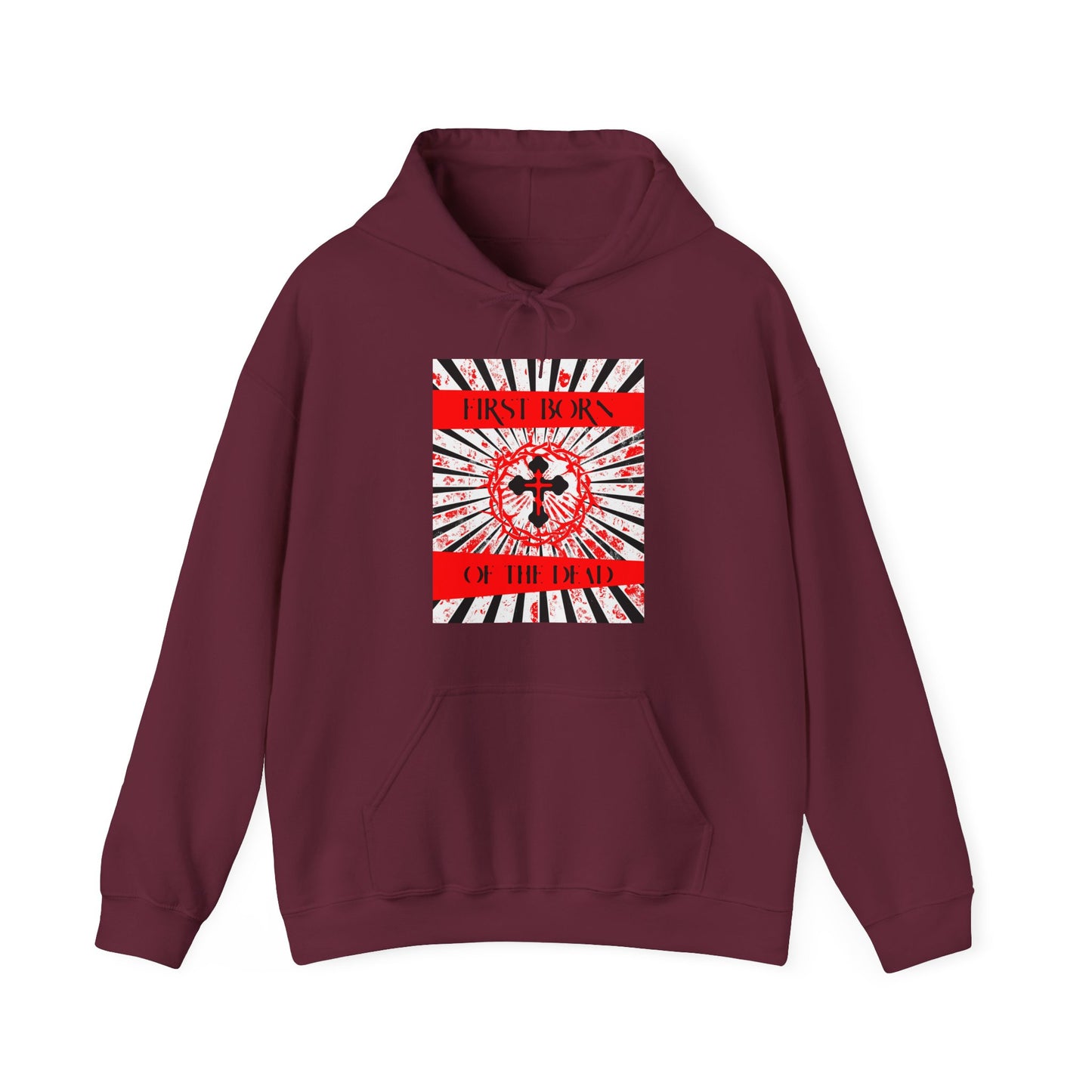 First Born of the Dead | Orthodox Cross and Crown of Thorns | Red White and Black Textured Design with Rays | Orthodox Christian Hoodie / Hooded Sweatshirt