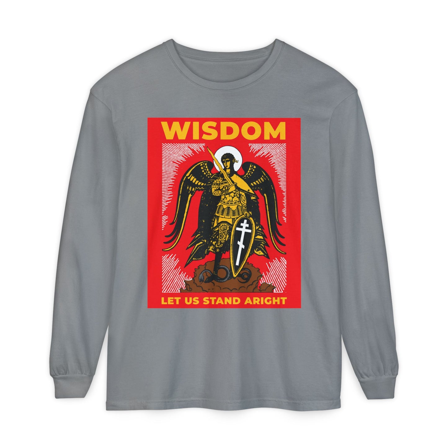 Grey cotton long sleeve featuring a Russian illustration of Archangel Michael with shield and sword, "WISDOM" and "LET US STAND ARIGHT" text on red; Orthodox Christian-inspired.