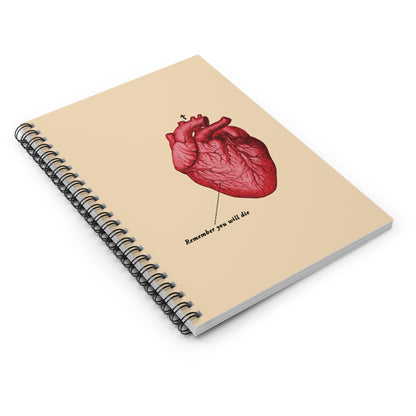 The "Remember You Will Die" spiral notebook features a retro medical textbook heart design, Orthodox cross, and memento mori message: "It's Later Than You Think." Perfect for reflection and inspired by Orthodox themes.