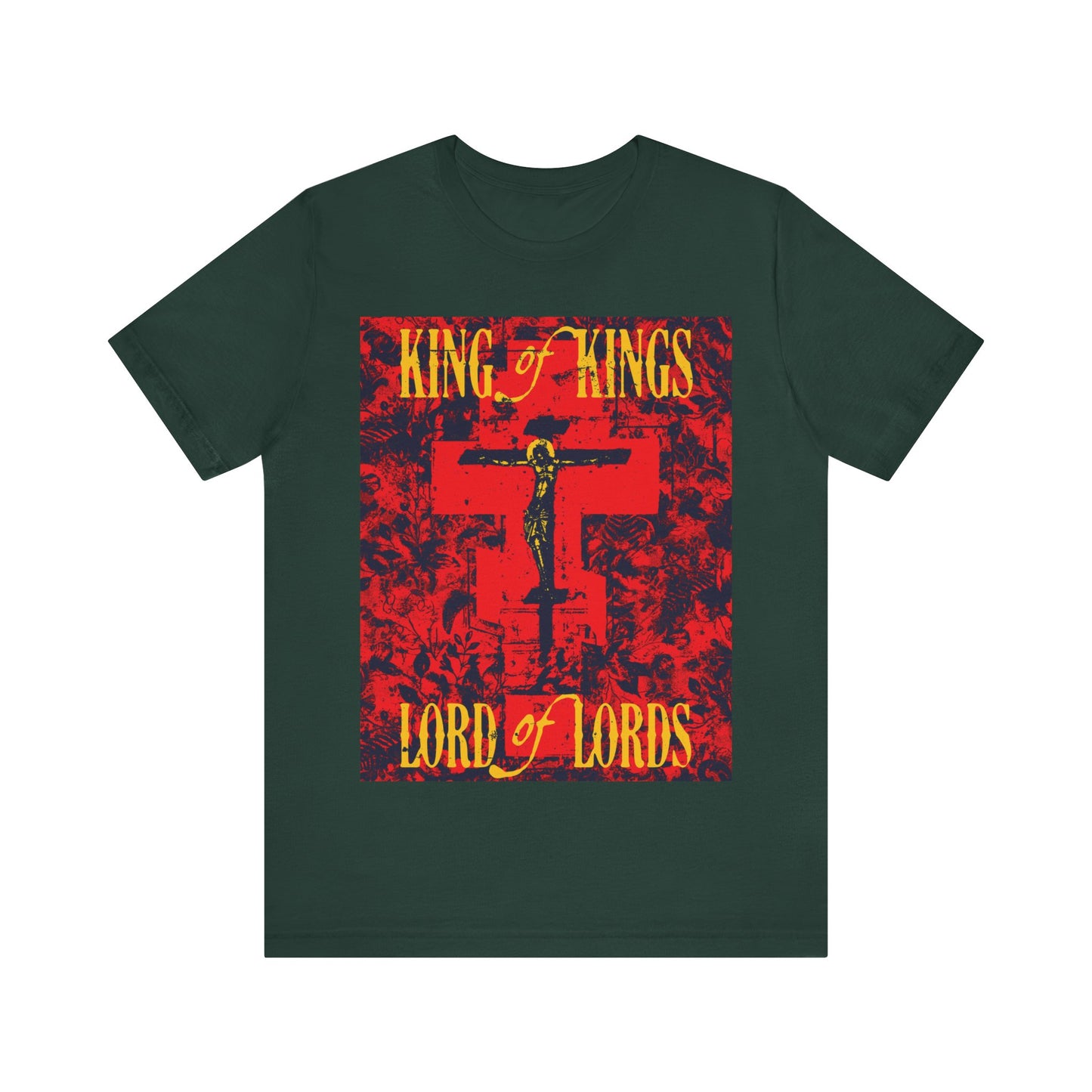 King of Kings, Lord of Lords | Christ Crucified Orthodox Icono-Graphic | Yellow & Red Design | Nature Texture | Lightweight Cotton Unisex T-Shirt
