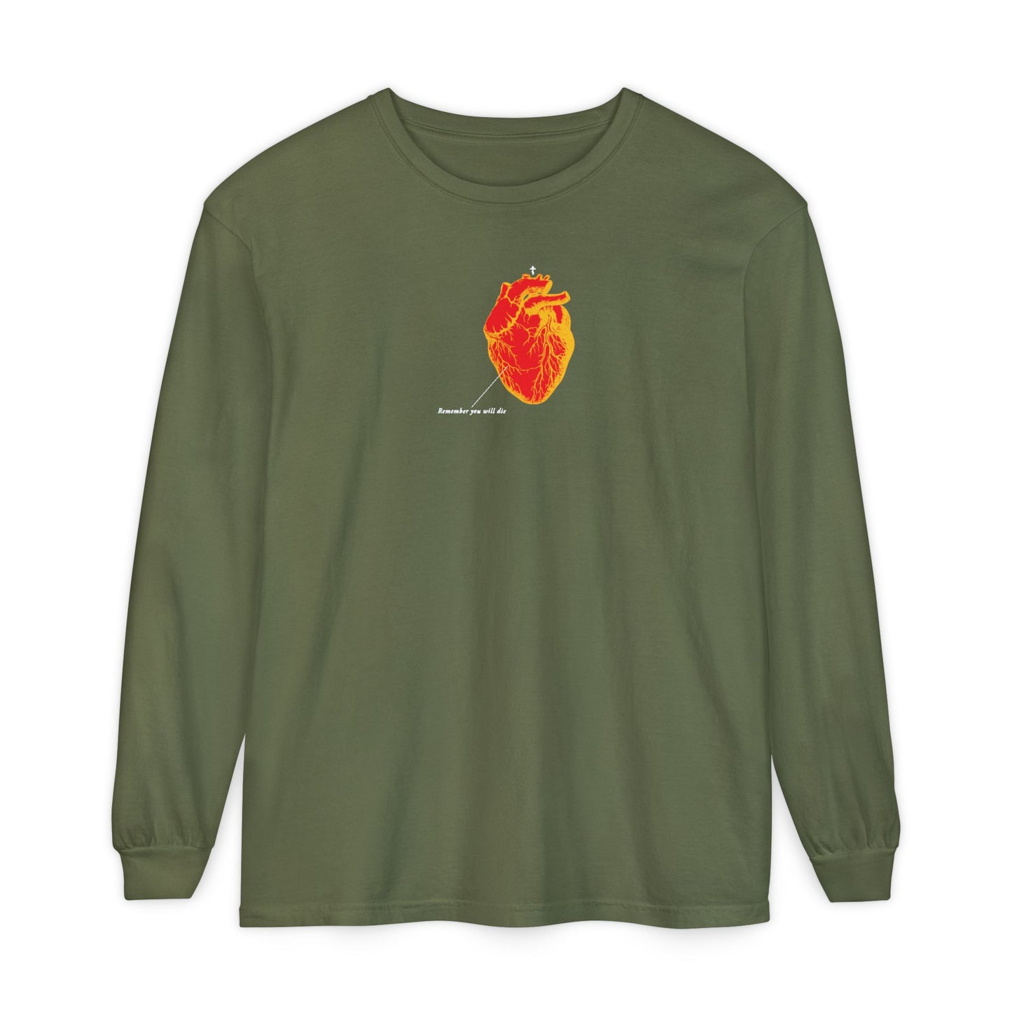 Hemp-colored long-sleeve shirt featuring a retro inverted red & orange anatomical heart graphic, "Remember You Will Die" text, and Memento Mori Christian theme—evoking life, the afterlife, and soul.