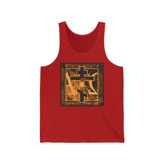 Red tank top featuring "Behold, I Make All Things New" (Rev 21:5) with a brown and orange Orthodox cross, Alpha & Omega background. Orthodox Christian cotton apparel inspired by the promise of new creation.