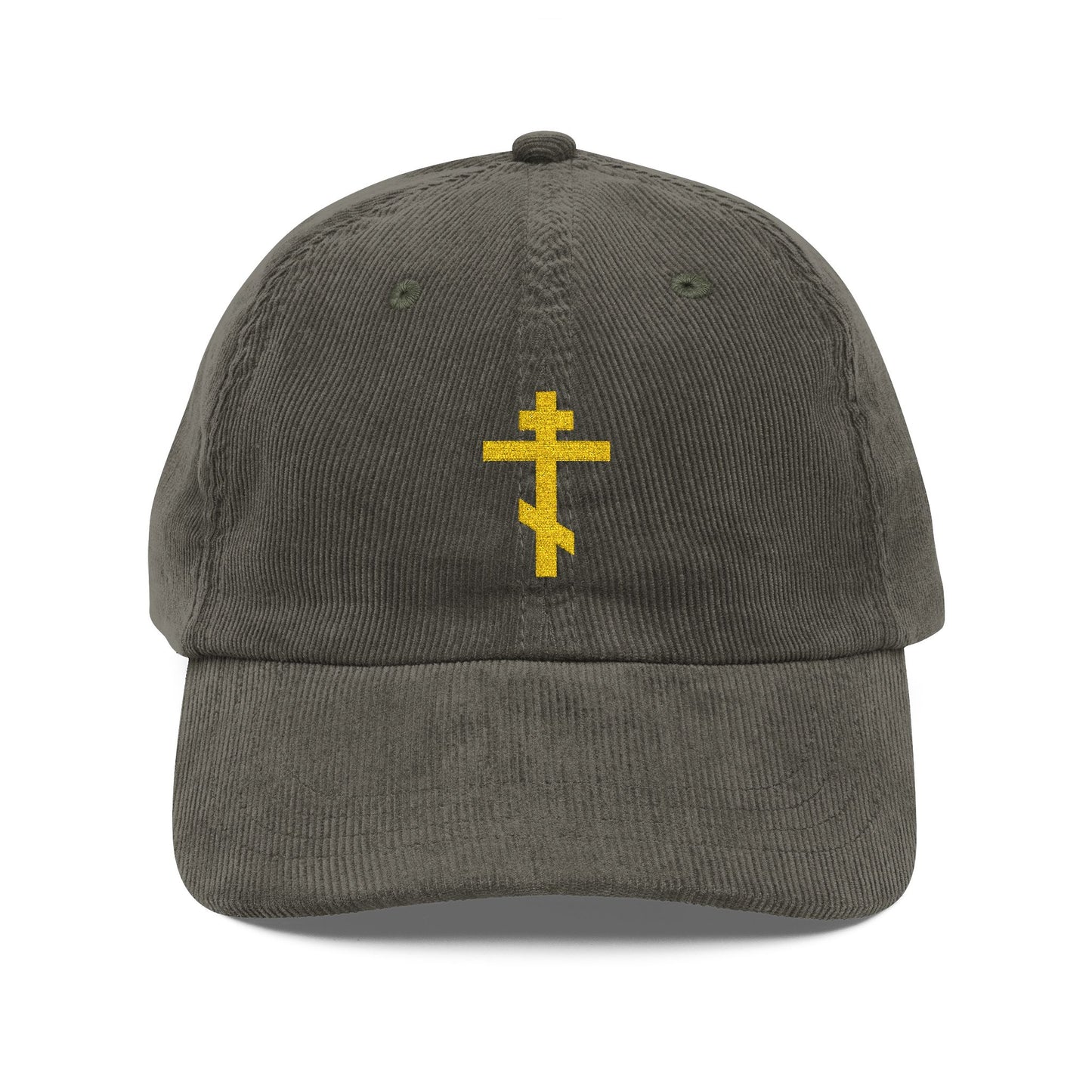 Olive corduroy cap featuring a yellow Orthodox TriBar Cross embroidery on the front, symbolizing the weapon of unseen warfare that makes demons tremble.
